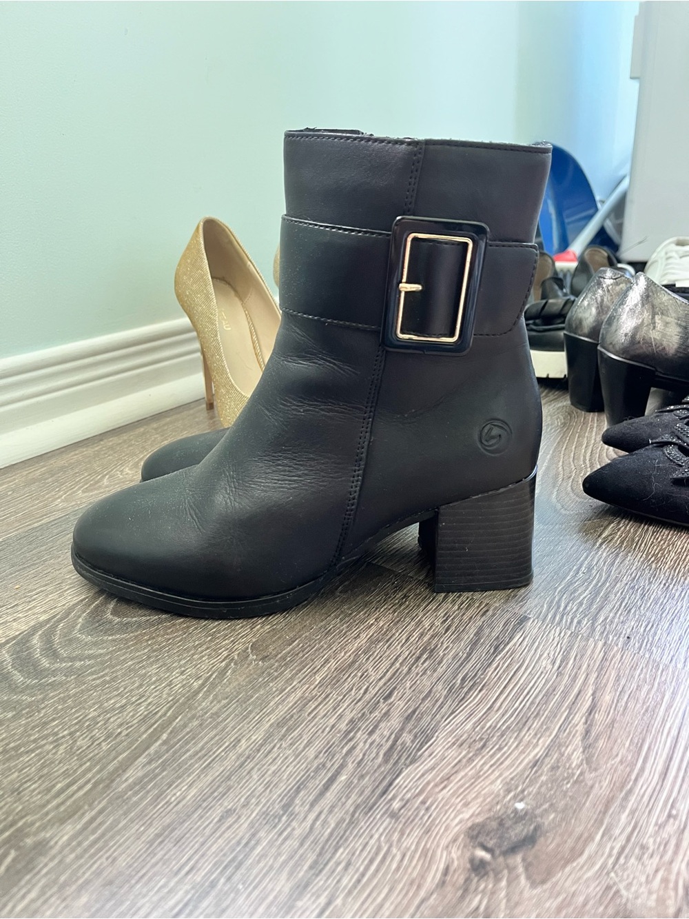 Rieker Black Ankle Heeled Boots with Gold Buckle